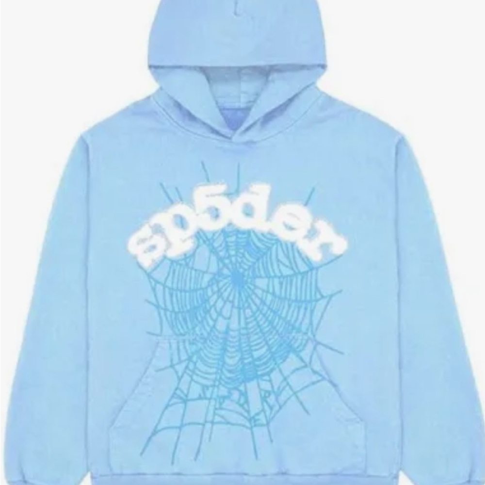 Sp5der Sky Blue Hoodie with Web Graphic